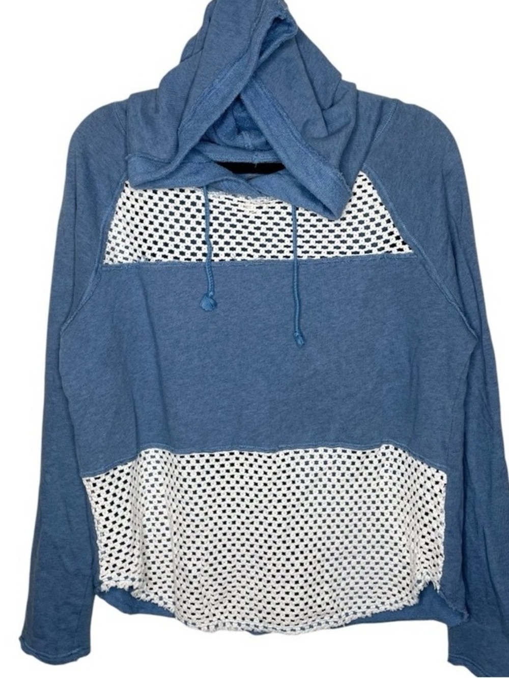 Blue Hooded Women's Sweater with White Crochet Panels
